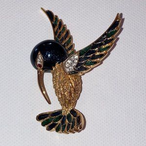 Vintage Unsigned Roman-Like Enameled Gold Tone Hummingbird Brooch